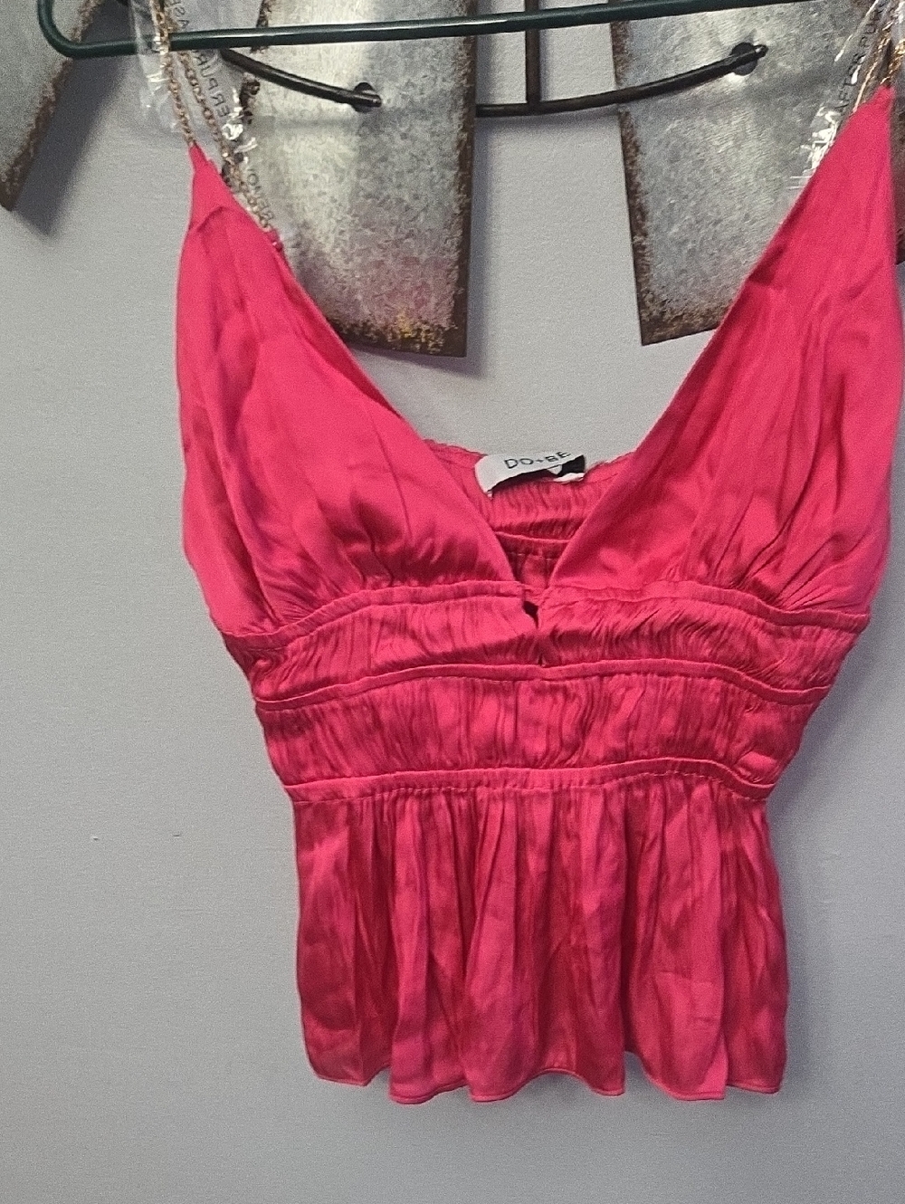 DO+BE Bright Pink Ruched V-Neck Camisole with Beaded Straps